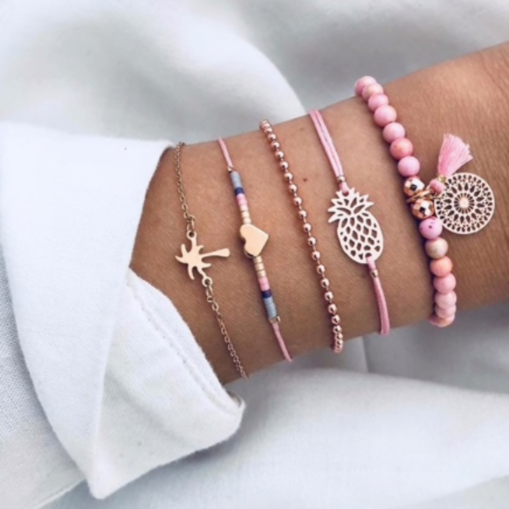 Bohemian Pink Pineapple palm tree Bracelet set 5